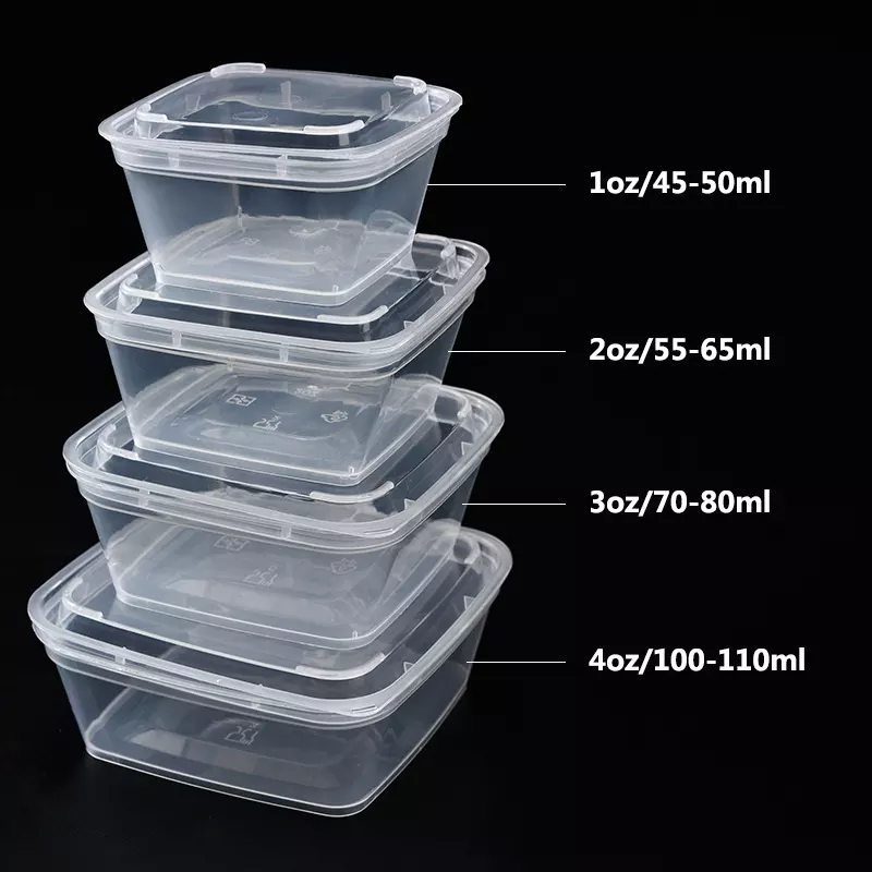 Plastic Disposable Sauce Tub Square 50ML with Hinged tight Lid 25pack 284 151 MB100