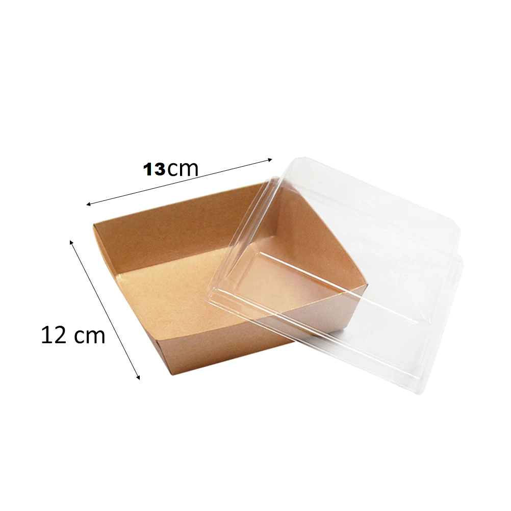 Kraft Paper Food Lunch Box Square Container with Clear Plastic Lid