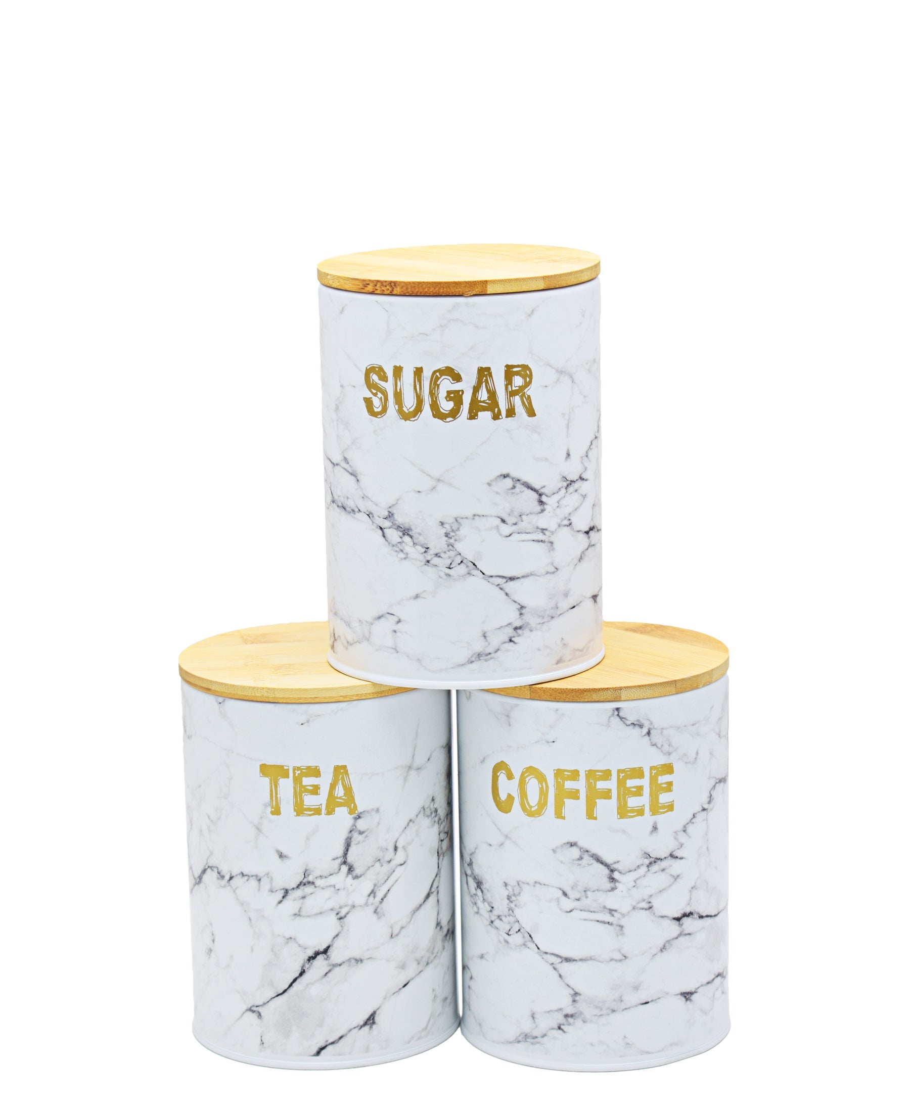 Aqua 3 Piece Marble Canister Set White & Grey Bamboo Lid 26496