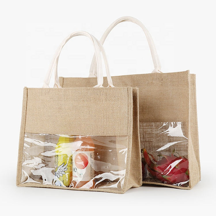 Hessian Shopping Carry Hand bag with Clear Plastic PVC window