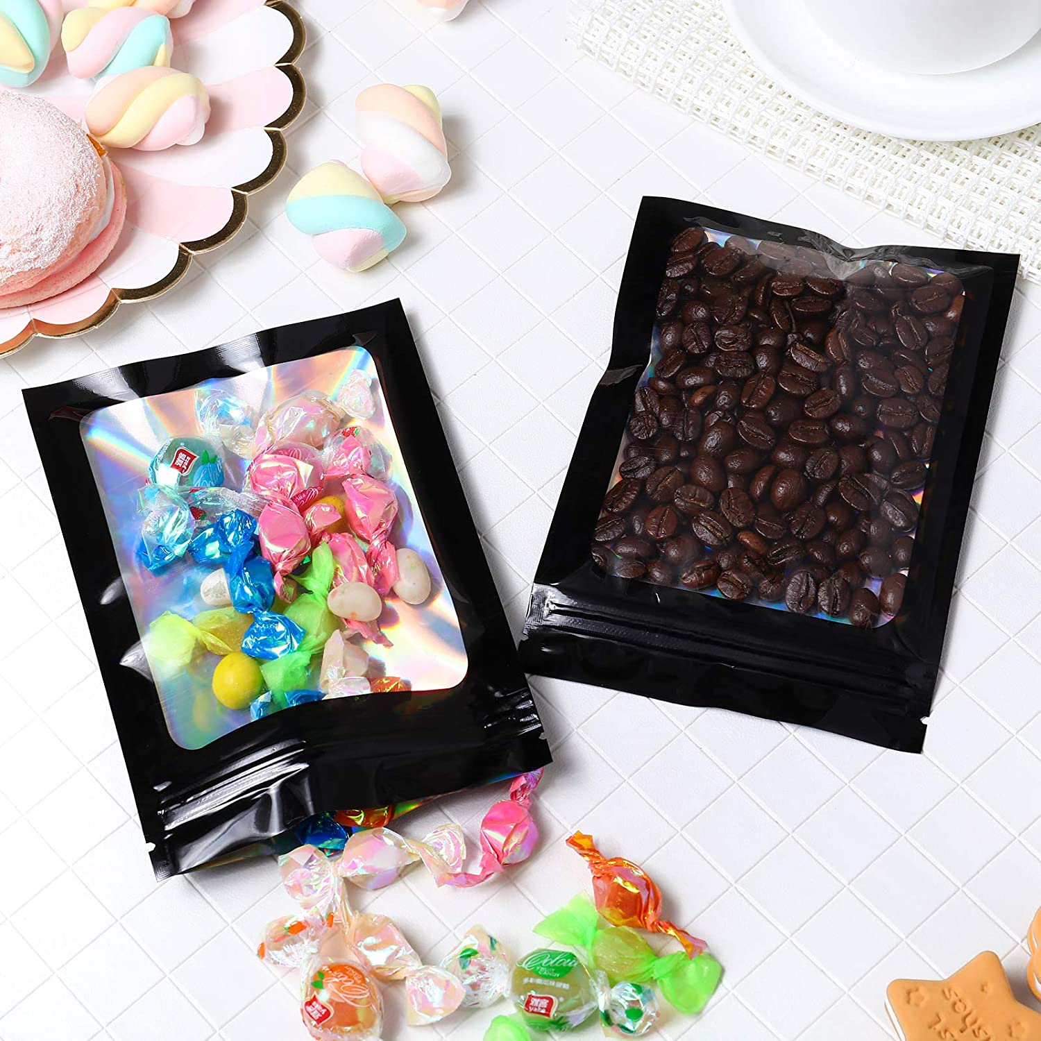 Holographic Resealable Bags 7x10cm Clear Window with Euro Punch Loop Hanging Hole 10pack