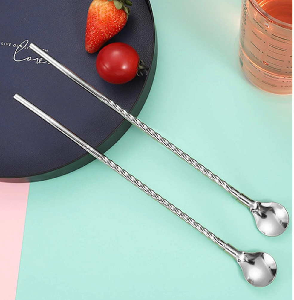 Spiral Soda Straw Spoons Stainless Steel with Brush 22.5cm 7pc Set