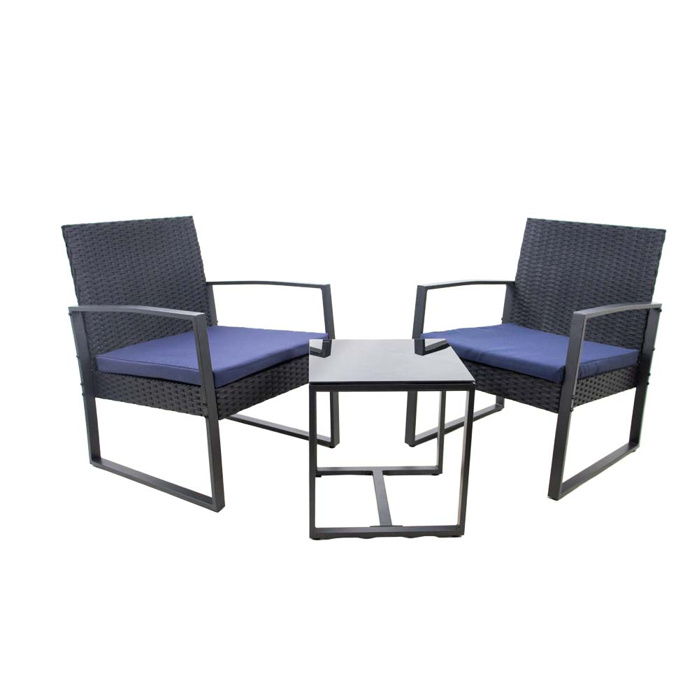 3pc Patio Set Chair Swivel Back and Tilt with Black Fabric