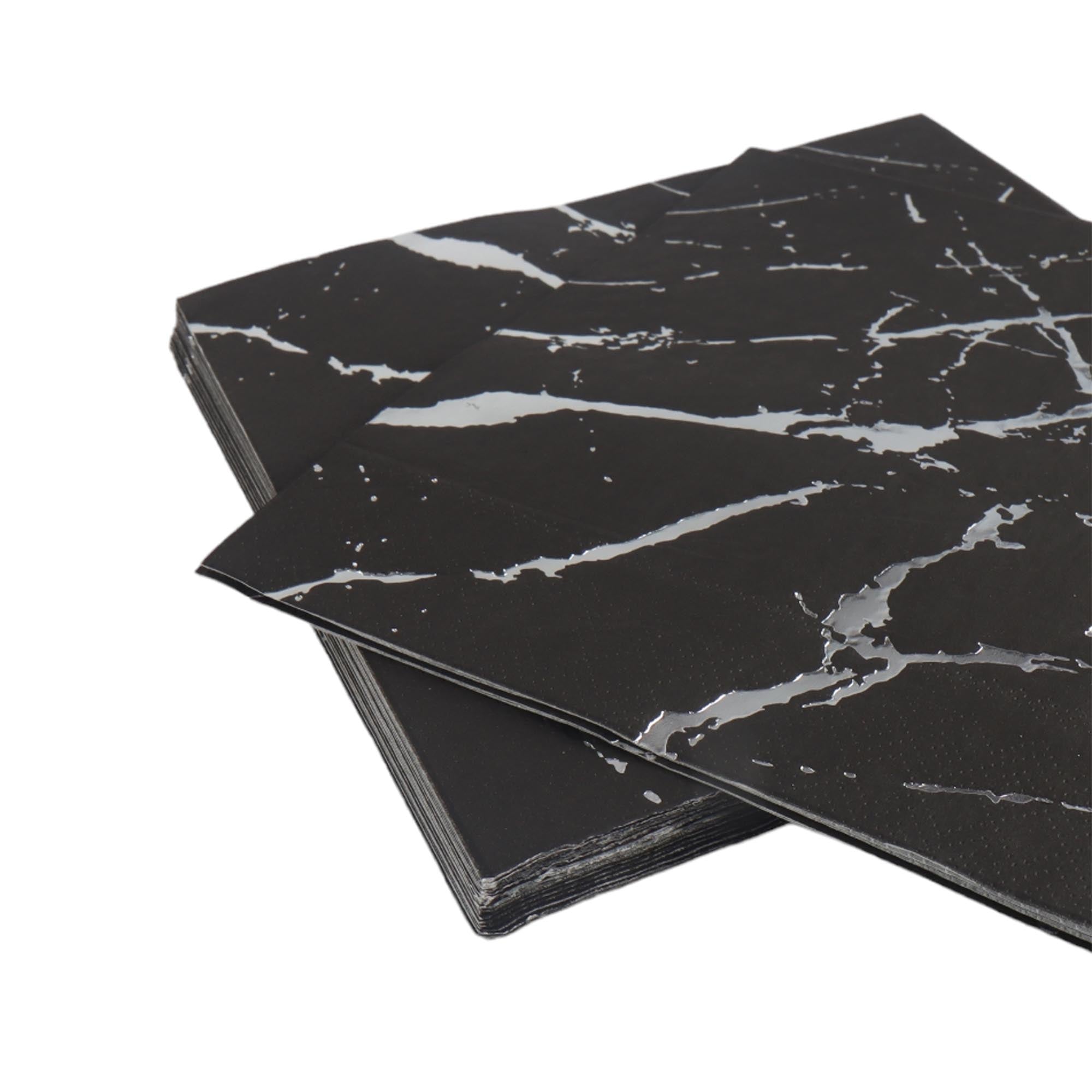 Luncheon Napkin Paper Serviettes 33x33cm Black with Silver Marble 16pack