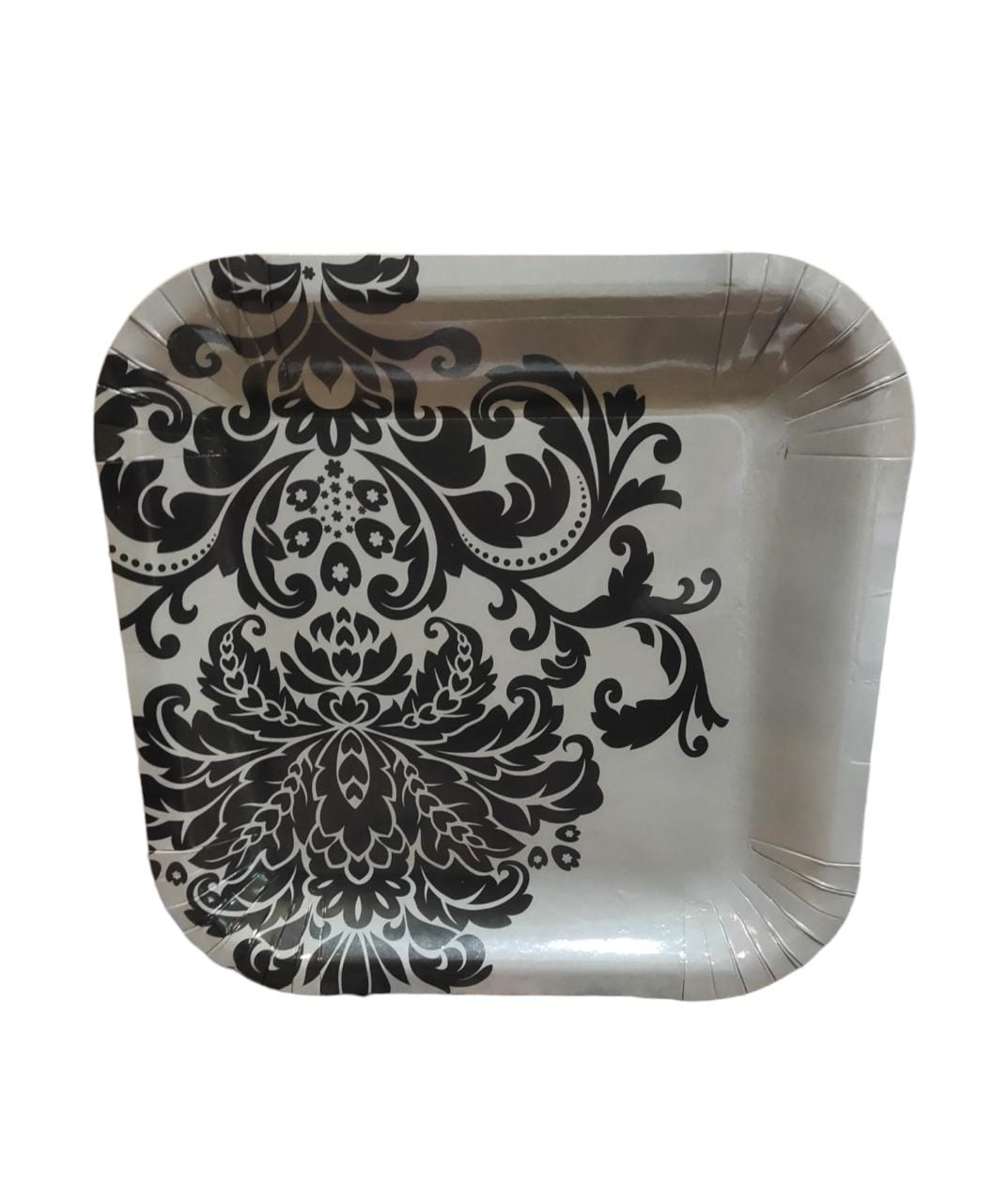 Party Paper Plate Square Grey with Black Print 9Inch 23cm 10pack