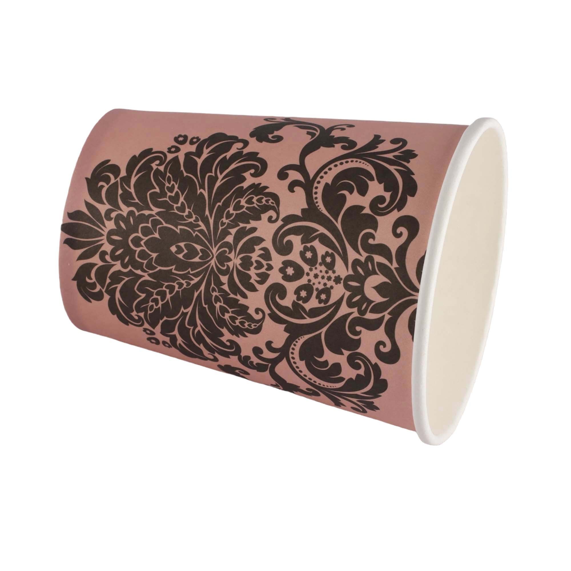 Disposable Party Paper Cups 260ml Rose Gold with Black Floral Patterned 10pack