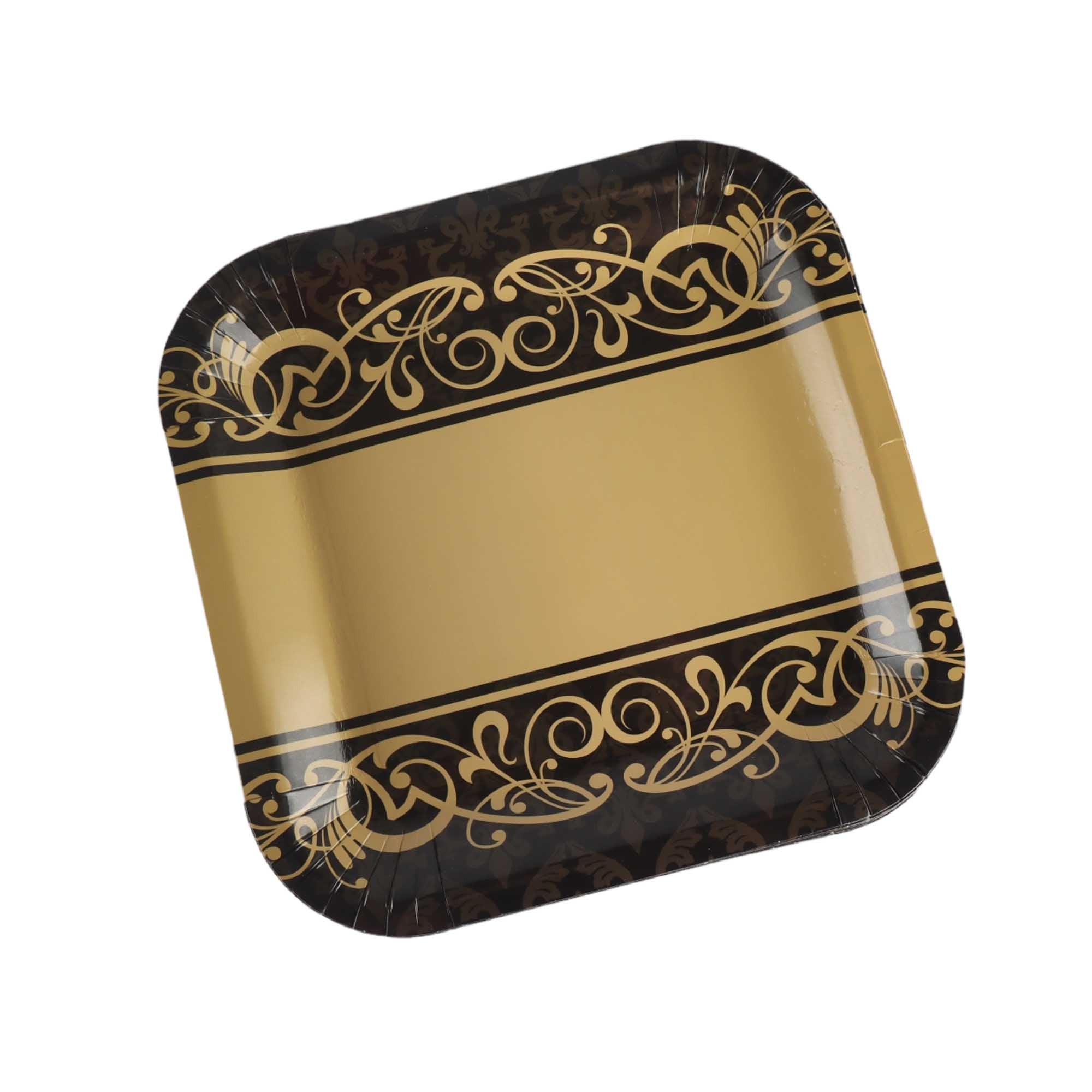 Party Paper Plate Square Gold Black 9Inch 23cm 10pack