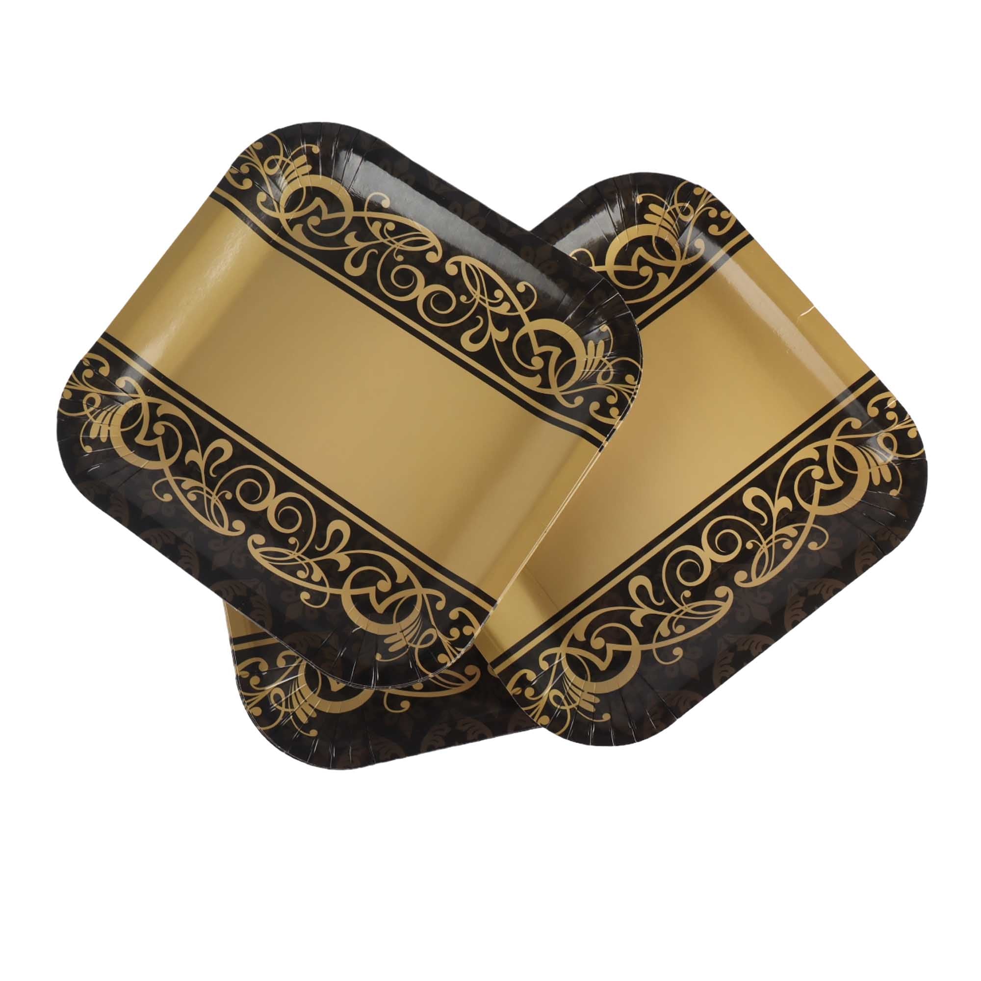 Party Paper Plate Square Gold Black 9Inch 23cm 10pack