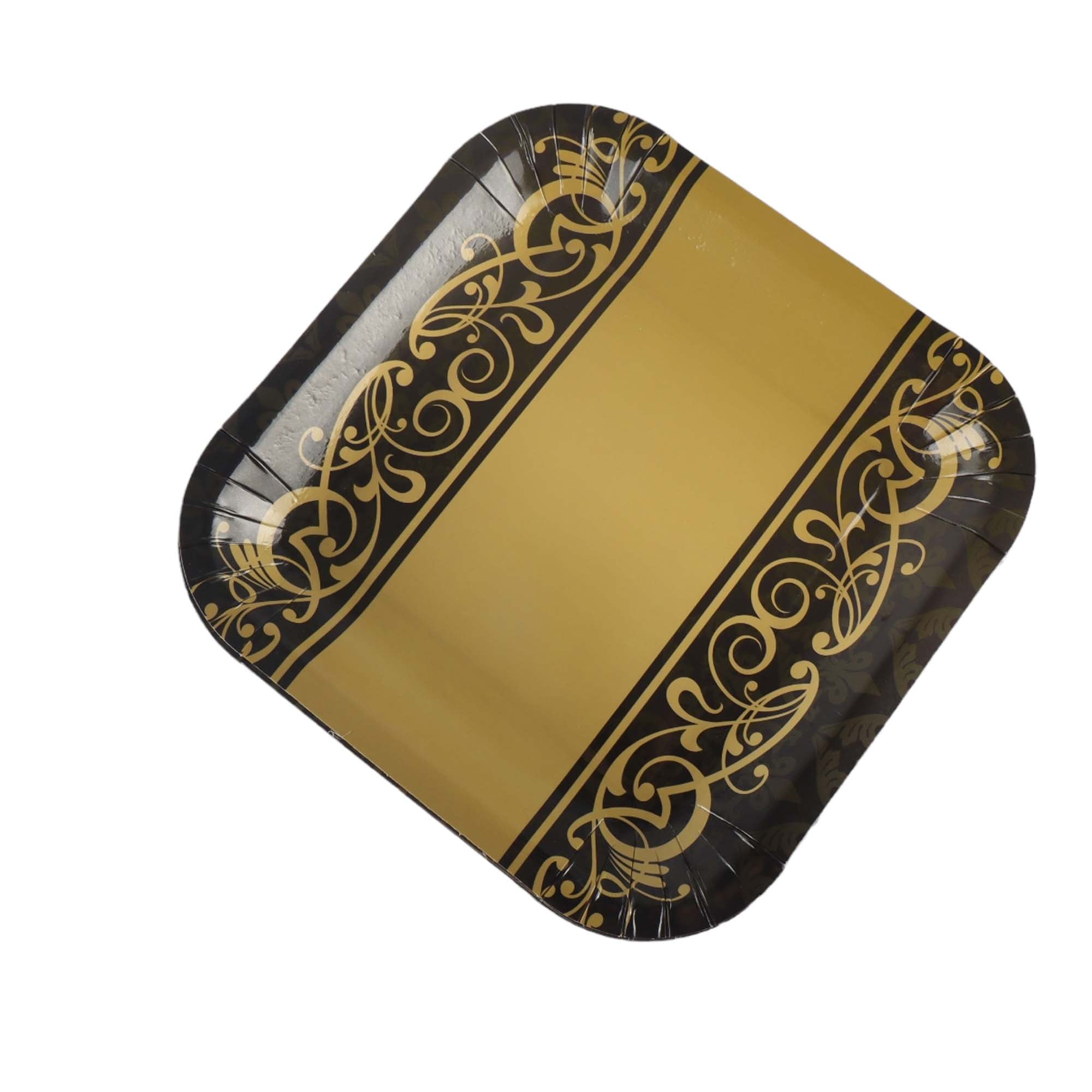 Party Paper Plate Square Gold Black 7Inch 18cm 10pack