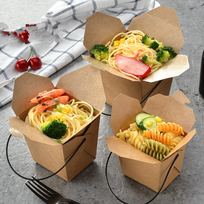 Kraft Paper Food Lunch Box Square with Handle 9.2x7.5x8.5cm