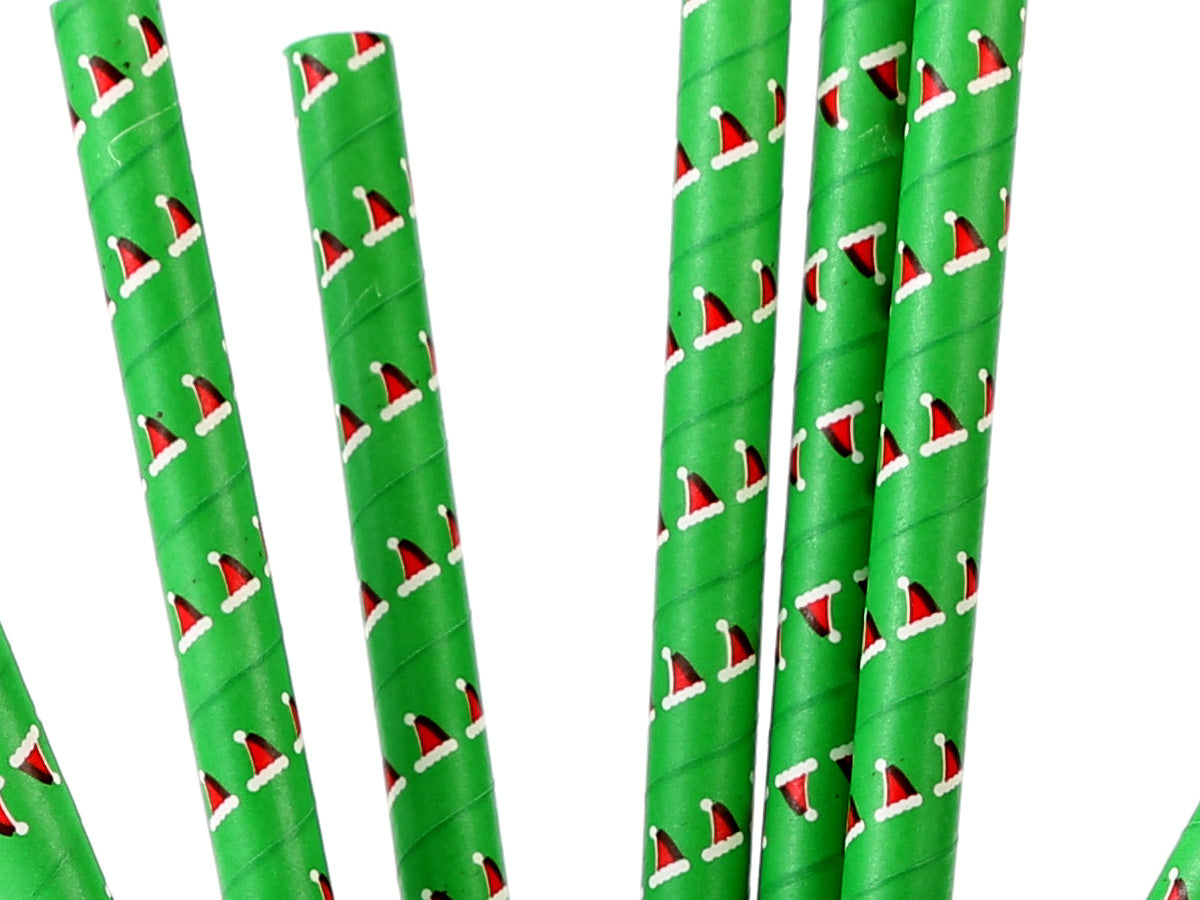 Paper Straws 6mm Green with Christmas Tree Print 25pc