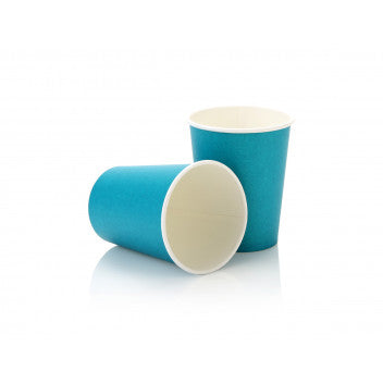 250ml Paper Coffee Cup Single Wall Turquoise with Black Sip Lid 10pack