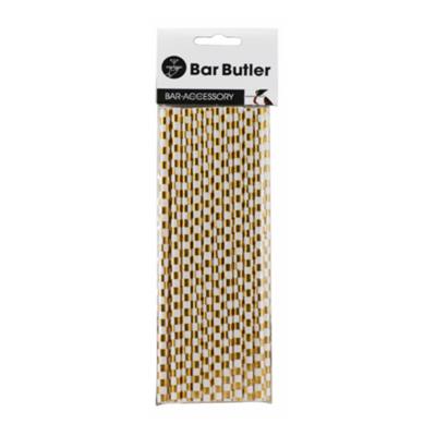 Bar Butler Paper Straws 6mm White/Gold Check 3ply 20pc 28159