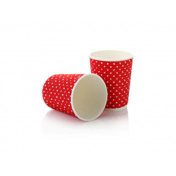 250ml Ripple Paper Coffee Cup Horizontal Polka Dots Red-White with Black Sip Lid 10pack