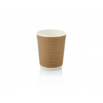 250ml Ripple Paper Coffee Cups Horizontal Kraft Brown with Black Sip Lid 10pack