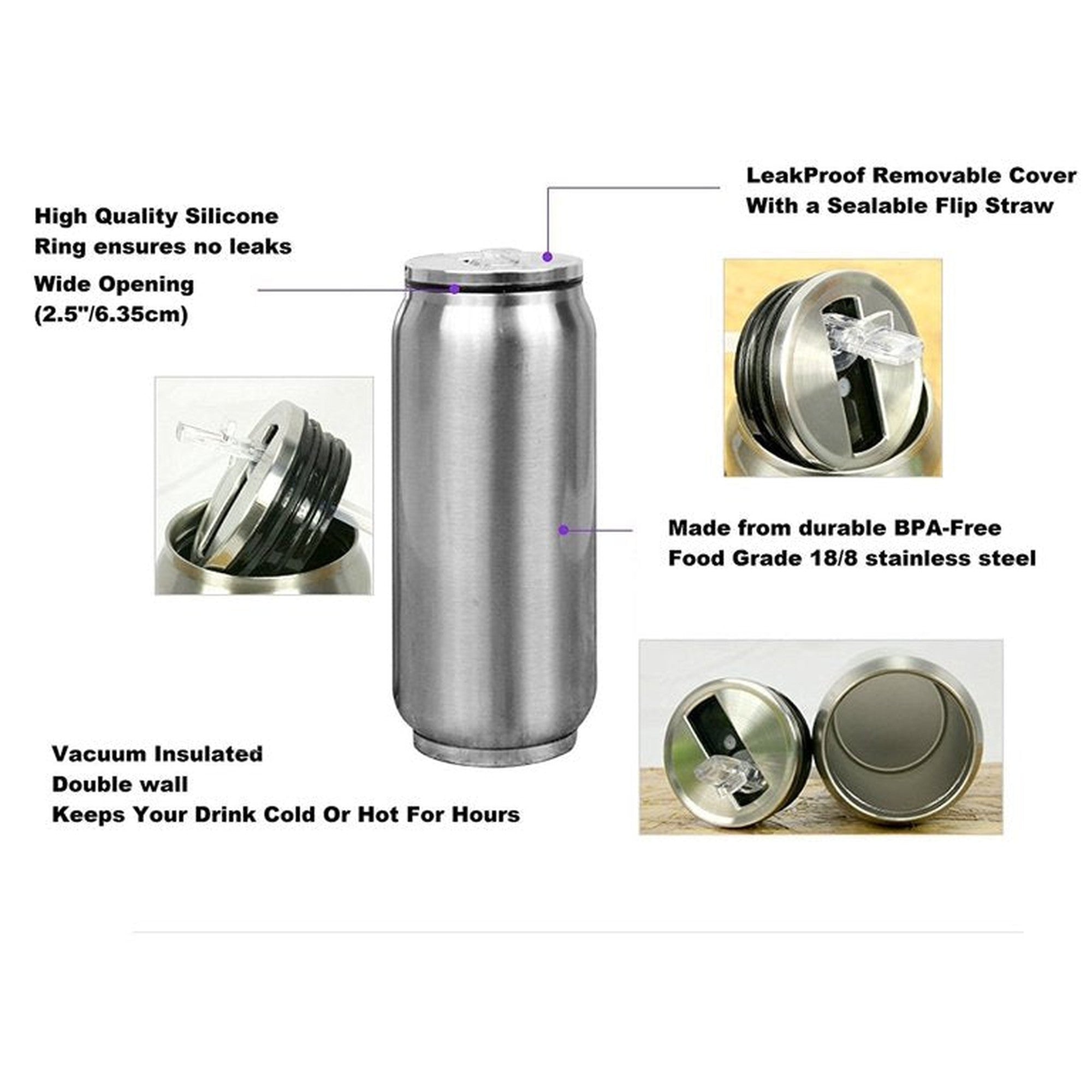 Can Shaped 350ml Thermos Drinking Bottle Flask Stainless Steel Vacuum Cup 14.5x6.4cm