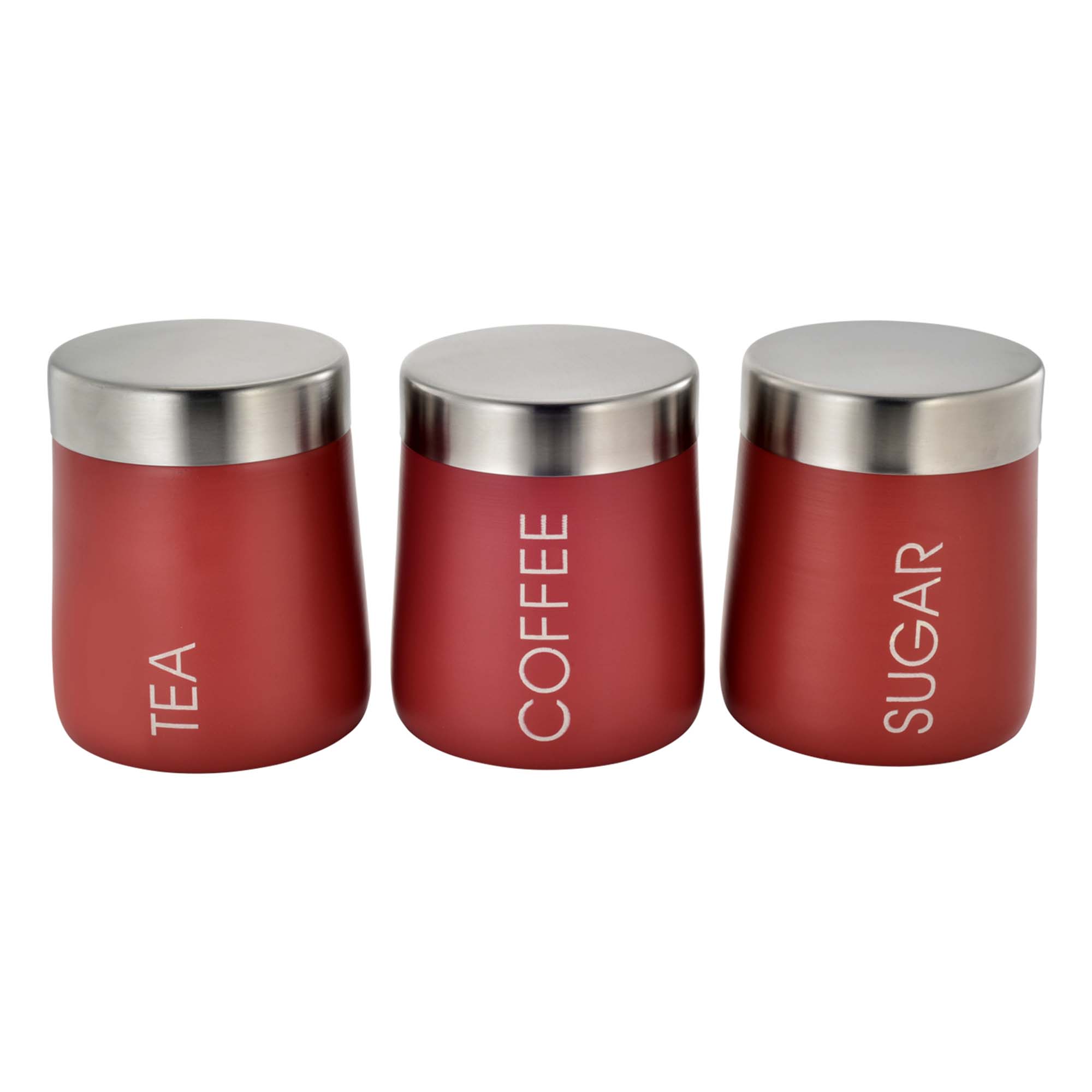 Canister Tin Tea-Coffee-Sugar Conical Shaped Jar Red with S/S Lid 3pc