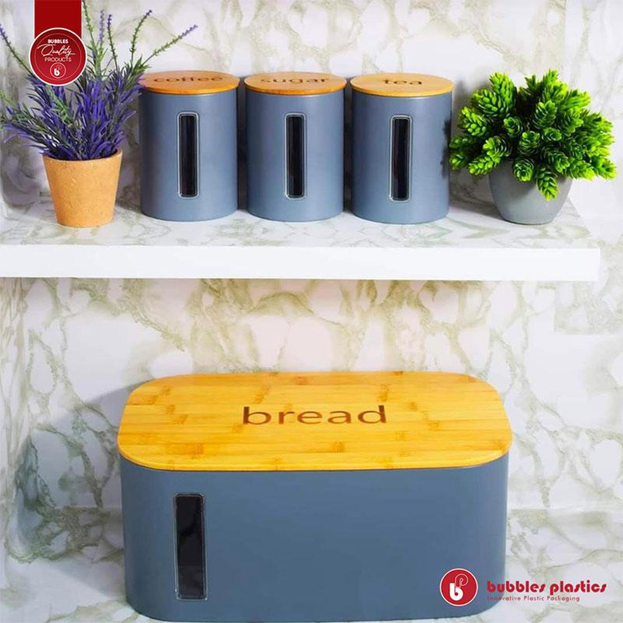 Aqua Bread Bin Tin Grey Bamboo Lid - Window 26579