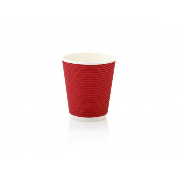 250ml Ripple Paper Coffee Cup Ripple Horizontal Red with Black Sip Lid 10pack