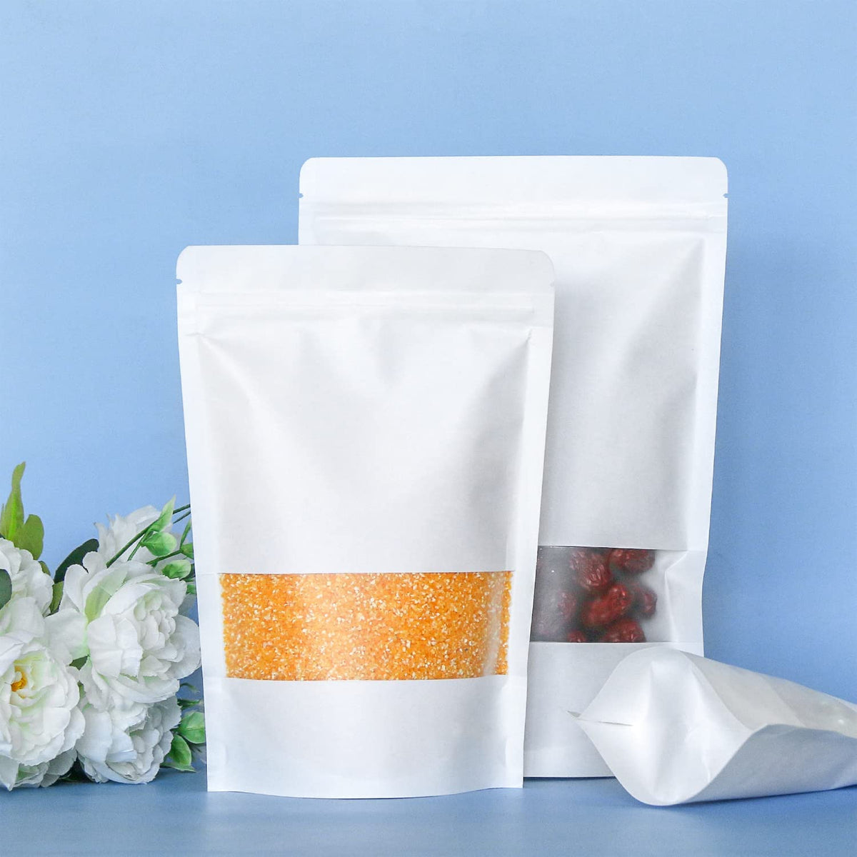 Kraft Pouch Bag Zip Lock Resealable Stand Bag with Window White 280mic