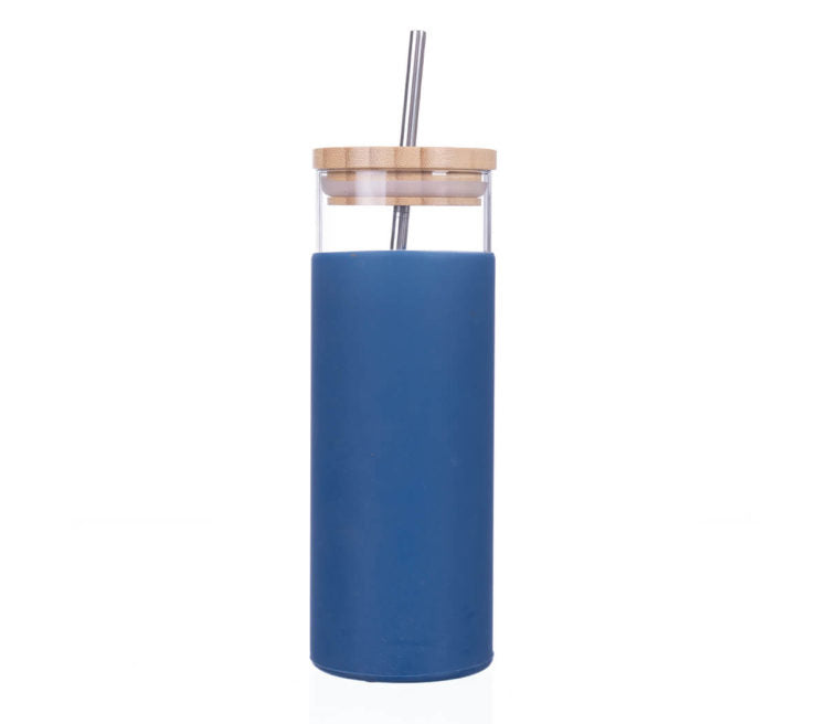 Glass Drinking Bottle 450ml Silicone Grip with Bamboo Lid and S/Steel Straw 27143