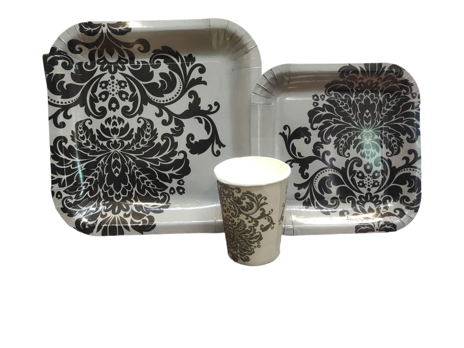 Party Paper Plate Square Grey with Black Print 9Inch 23cm 10pack