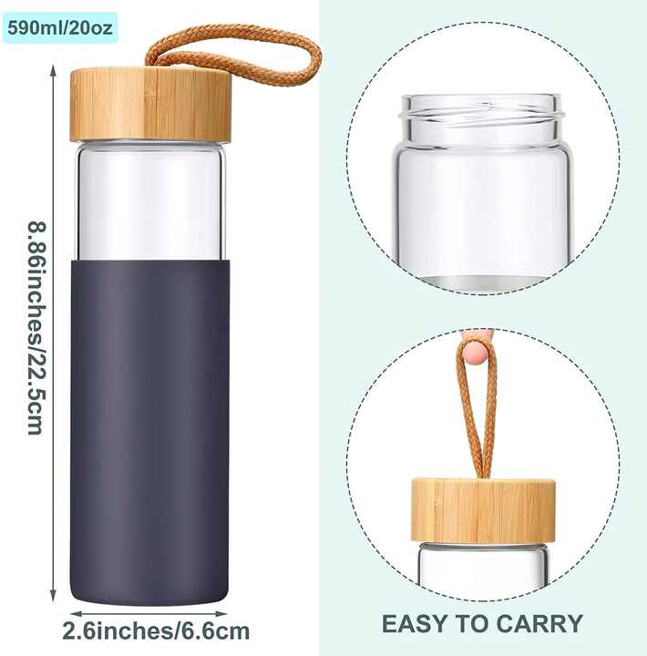 Glass Drinking Bottle 600ml Silicone Grip with Bamboo Lid and String 27134