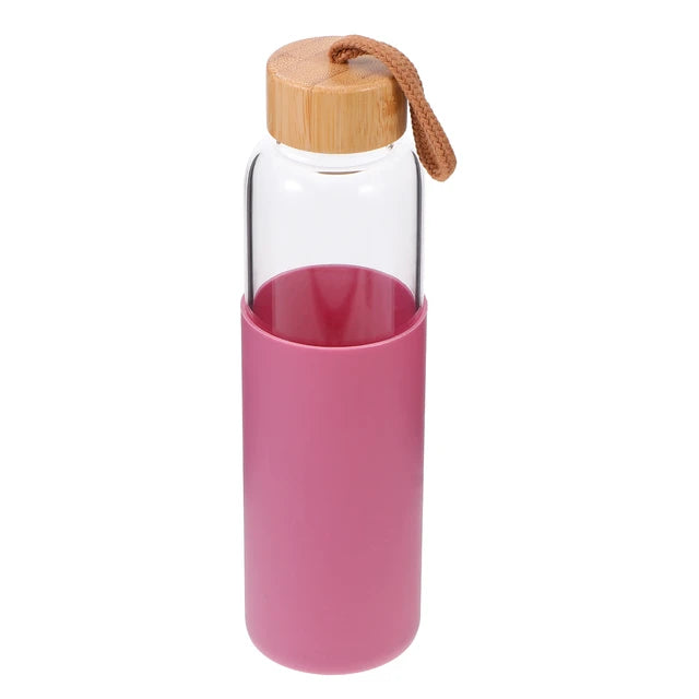 Glass Drinking Bottle 500ml Silicone Grip with Bamboo Wooden Lid and String 22583
