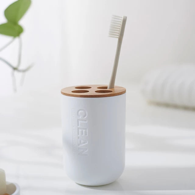Toothbrush Holder White with Bamboo Lid EH 21019