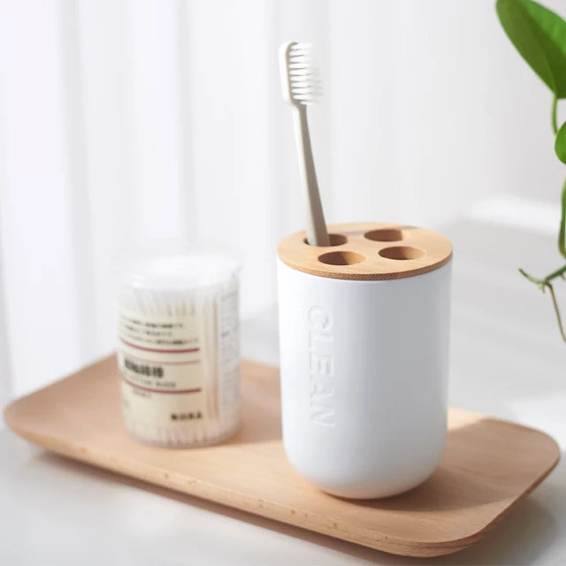Toothbrush Holder White with Bamboo Lid EH 21019