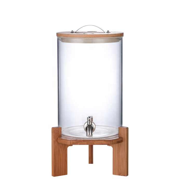 Beverage Dispenser 7.5L Borosilicate Glass with Wood lid and Wooden Stand and Spout