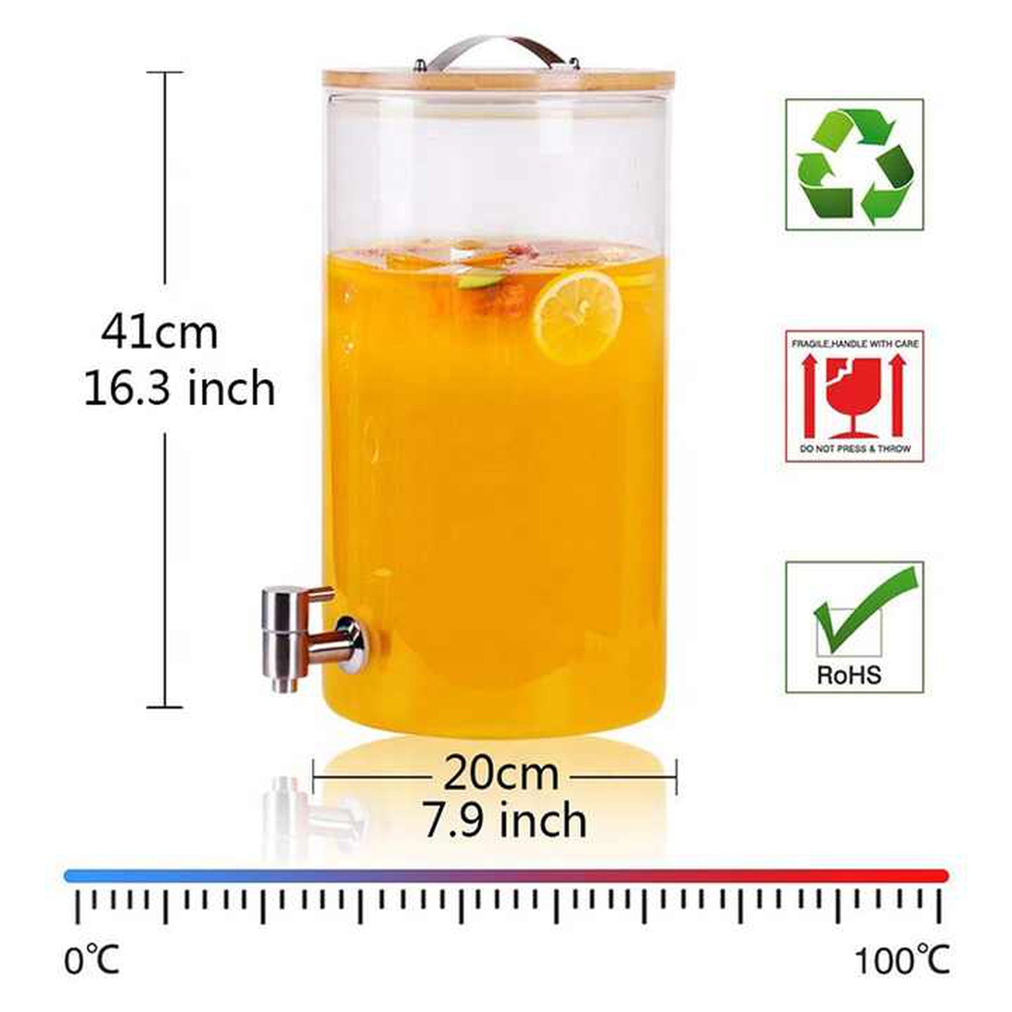 Beverage Dispenser 7.5L Borosilicate Glass with Wood lid and Wooden Stand and Spout