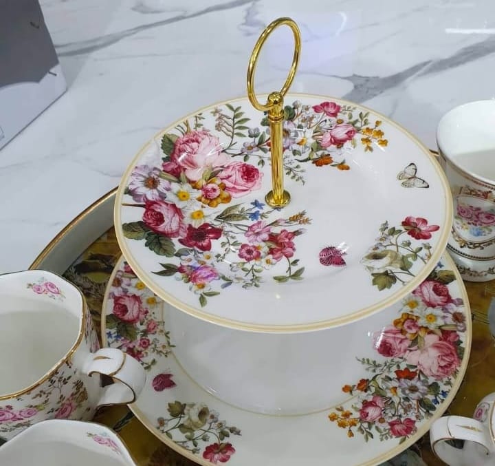 Blooming 2 Tier Serving Platter Patisserie Cake Server Stand English Rose Print 130479
