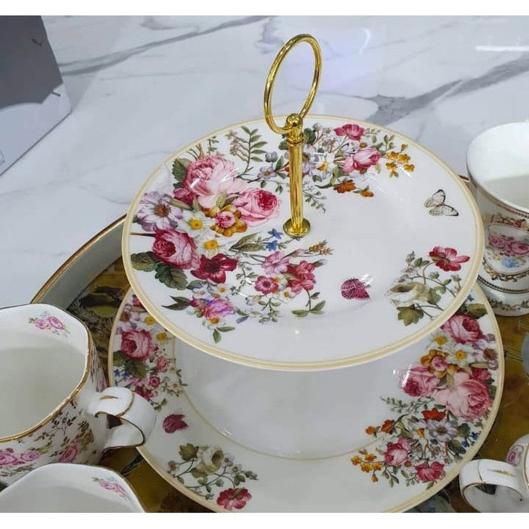 Blooming 2-Tier Serving Platter Patisserie Cake Server Stand English Rose Print 130479