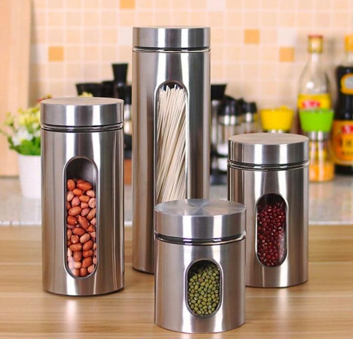 Totally Home Decadent 4 Piece Glass Canister Set with Stainless Steel Finish and Long Bar Windows