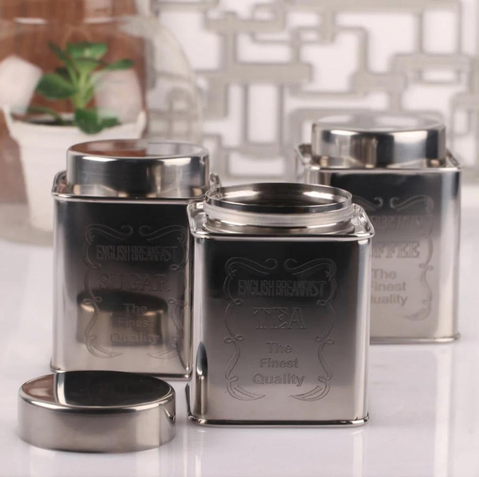 Vintage Canister Set Tea Coffee Sugar Square Jars with S/S Lid 3pc