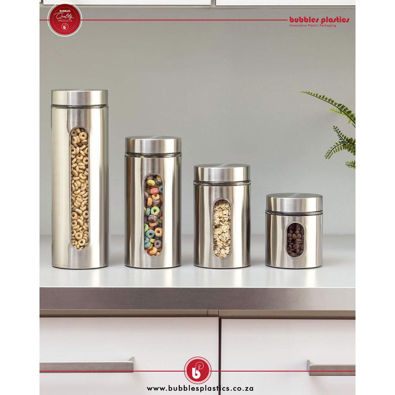 Totally Home Decadent 4 Piece Glass Canister Set with Stainless Steel Finish and Long Bar Windows