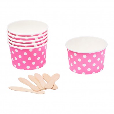 Ice Cream Paper Cups 180ml Polka Dot with Wooden Spoon 6pack
