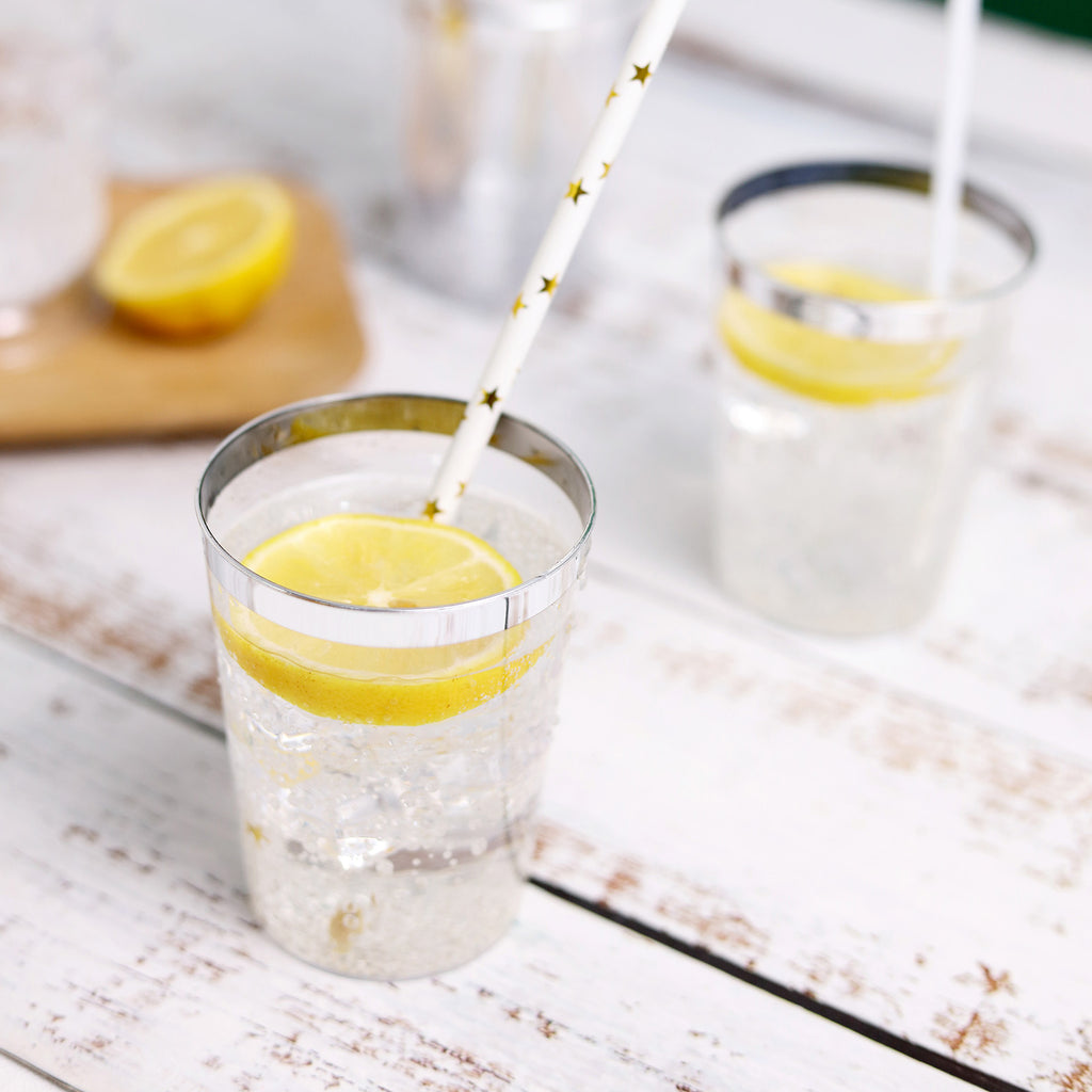 Disposable Plastic Acrylic 215ml Party Smoothie Cup with Metallic Silver Rim 6pack