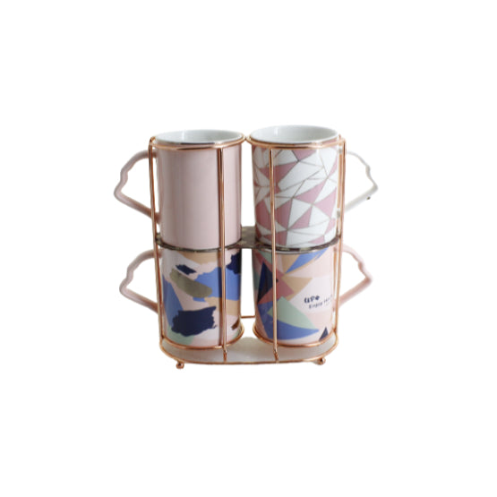 Coffee Mug Set With Rose Gold Stand 5pcs Psk020