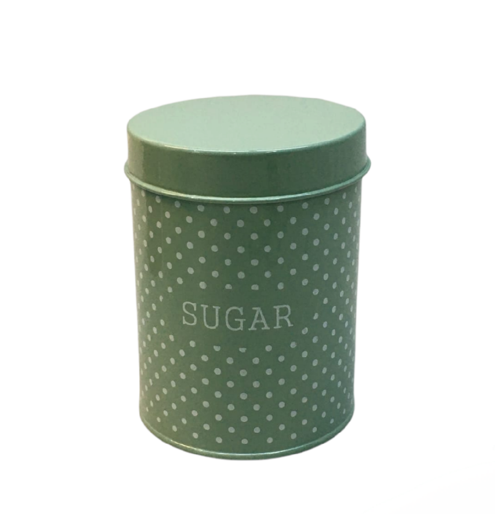 Vintage Tin Sugar Canister Green & White Polka Dot 12x15cm