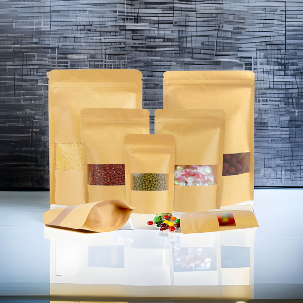 Kraft Pouch Bag Zip Lock Resealable StandUp with Window Brown 280mic