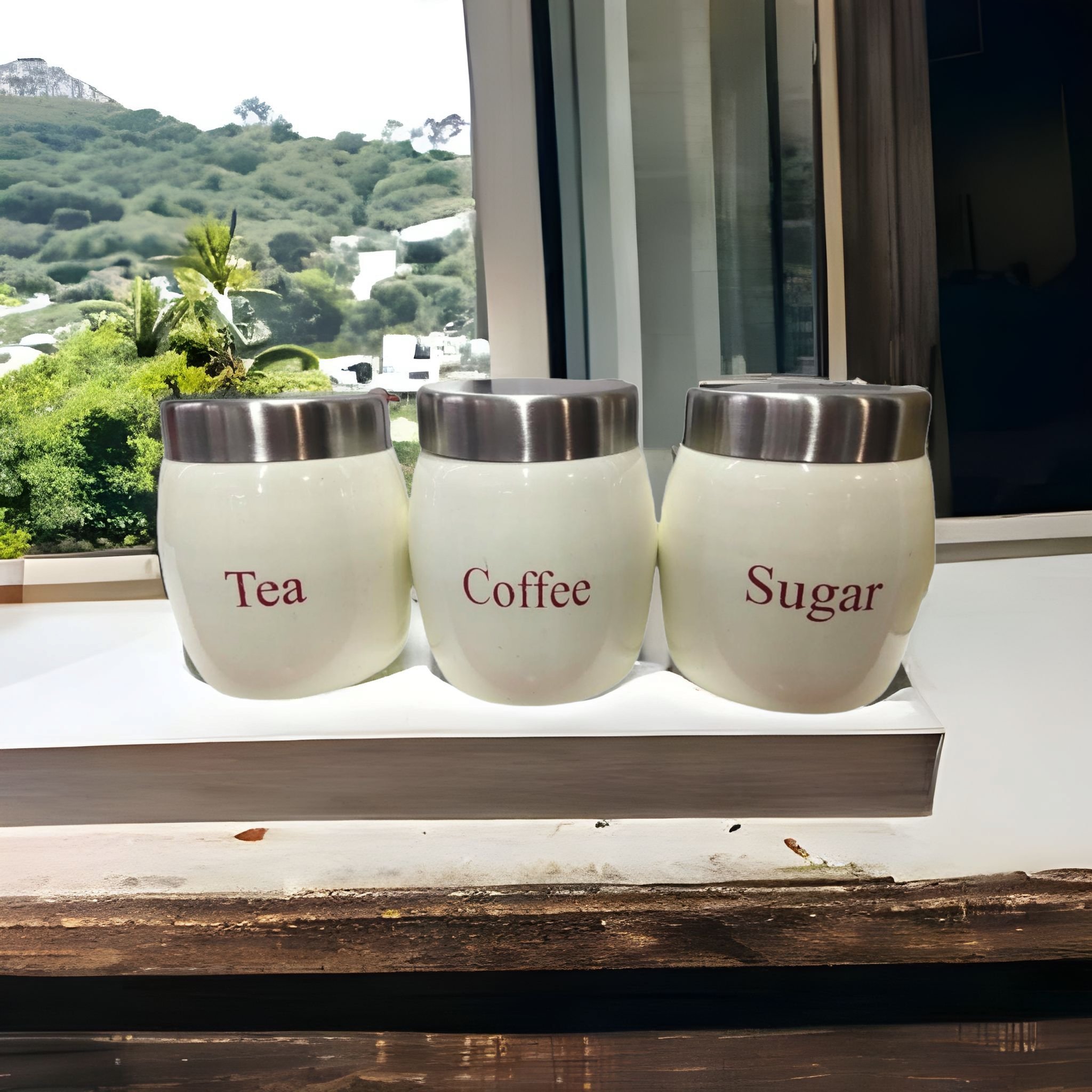 Vintage Tin Canister Set Tea-Coffee-Sugar Barrel Shaped Jar Cream with S/S Lid 3pc