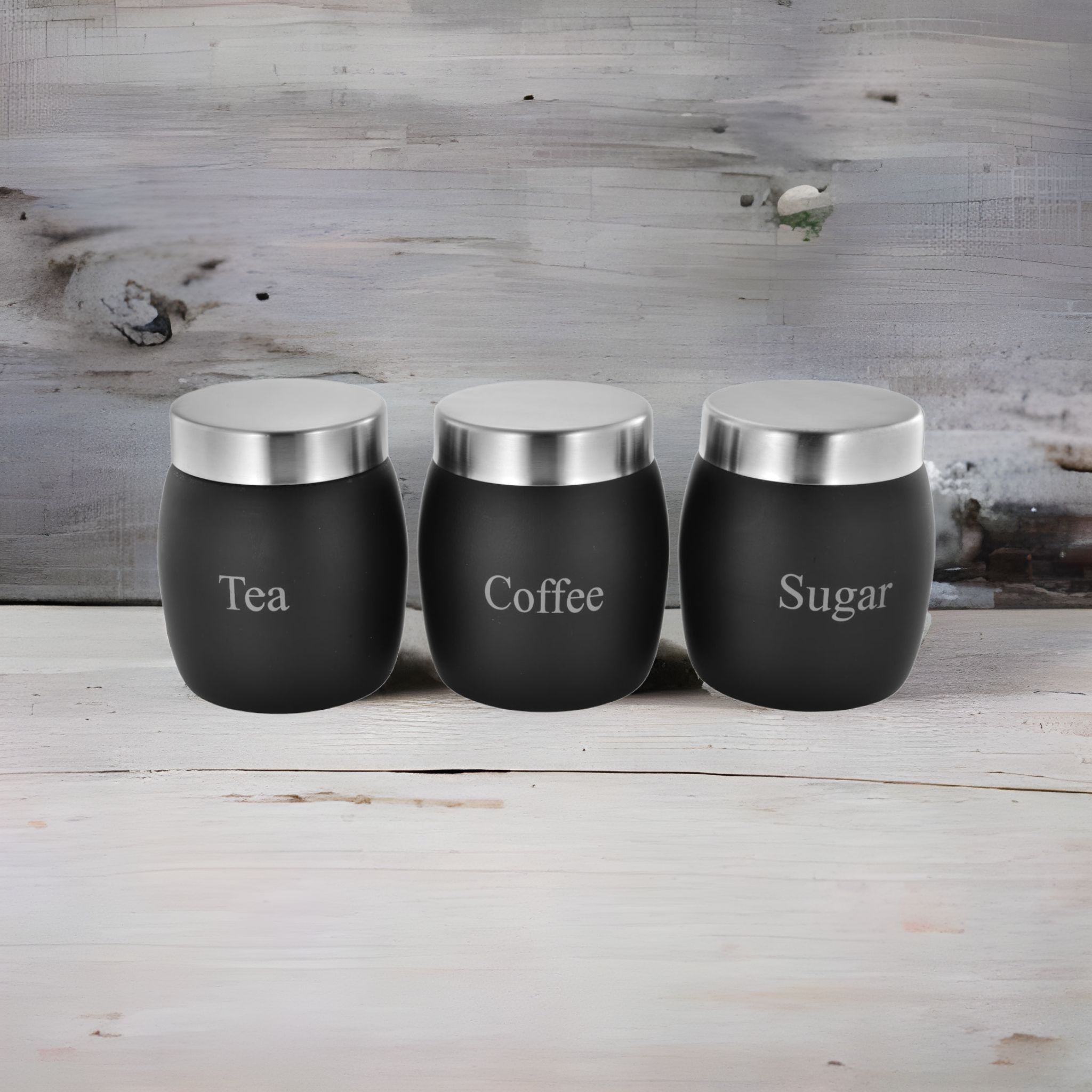 Vintage Tin Canister Set Tea-Coffee-Sugar Barrel Shaped Jar Black with S/S Lid 3pc