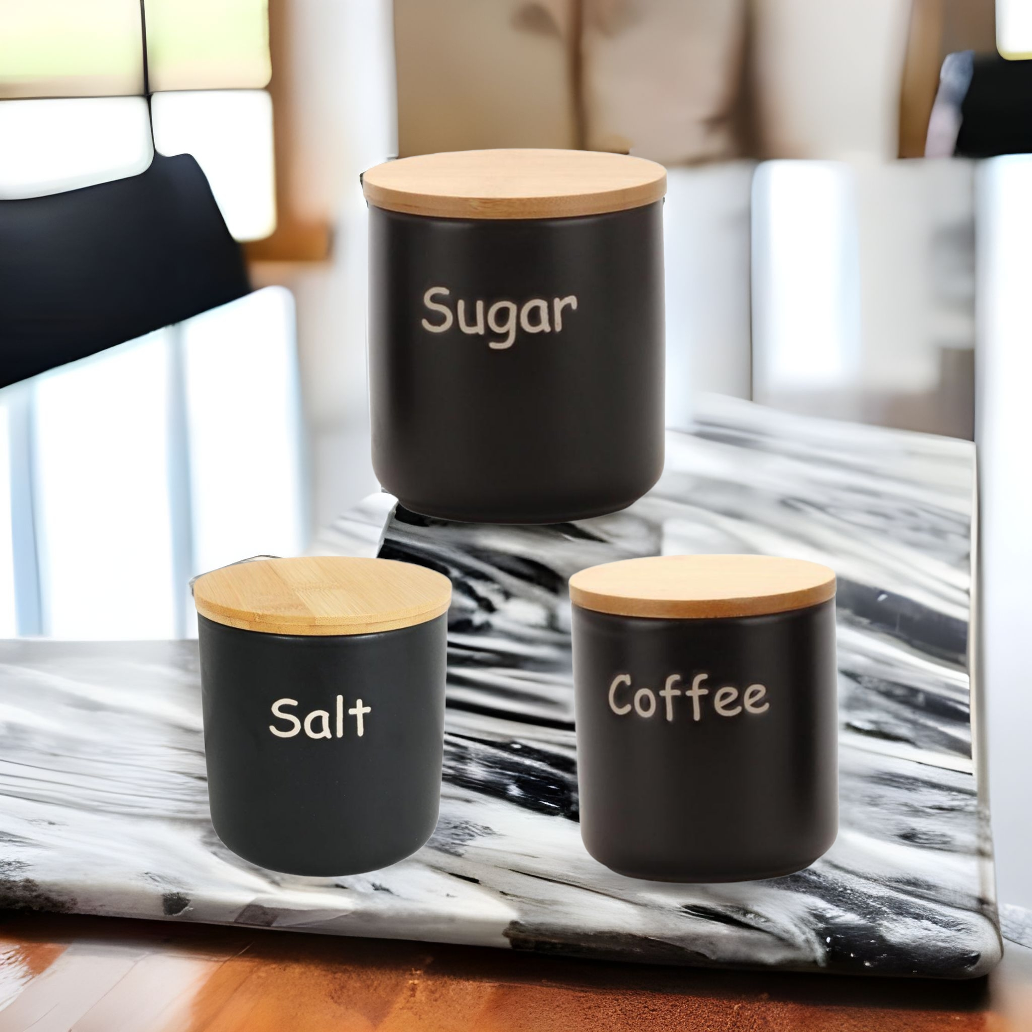 Ceramic 3 Piece Canister Set with Black Bamboo Lid Sugar Salt Coffee