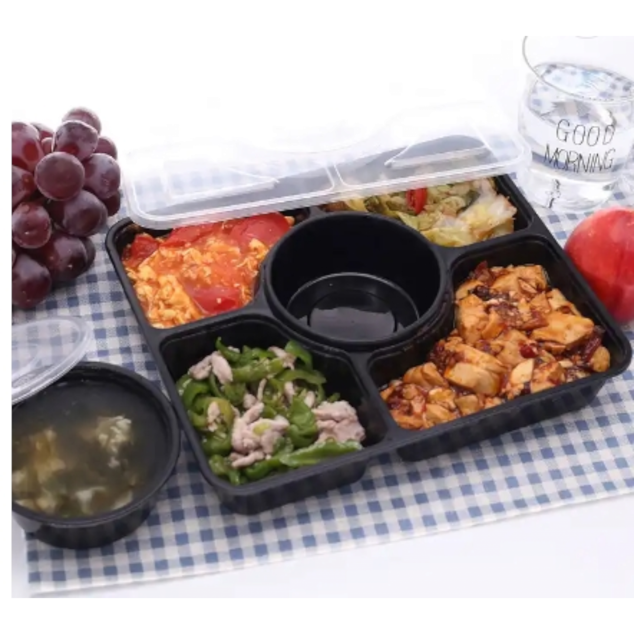 Takeaway Lunch Box 6 Division with PVC Clear Lid 26x22x5cm