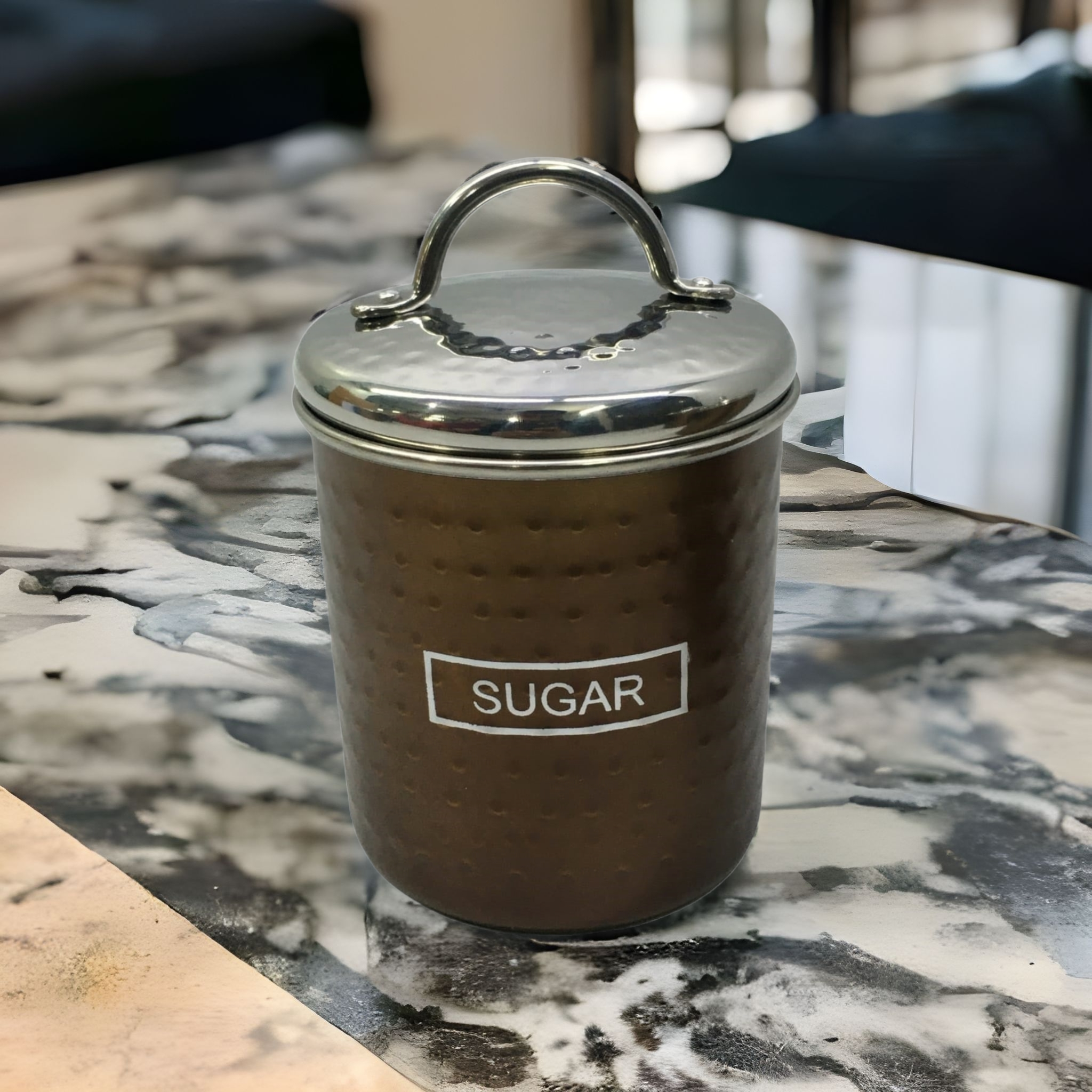 Canister Sugar Tin Bronze 10x12cm Hammered Finish Stainless Steel