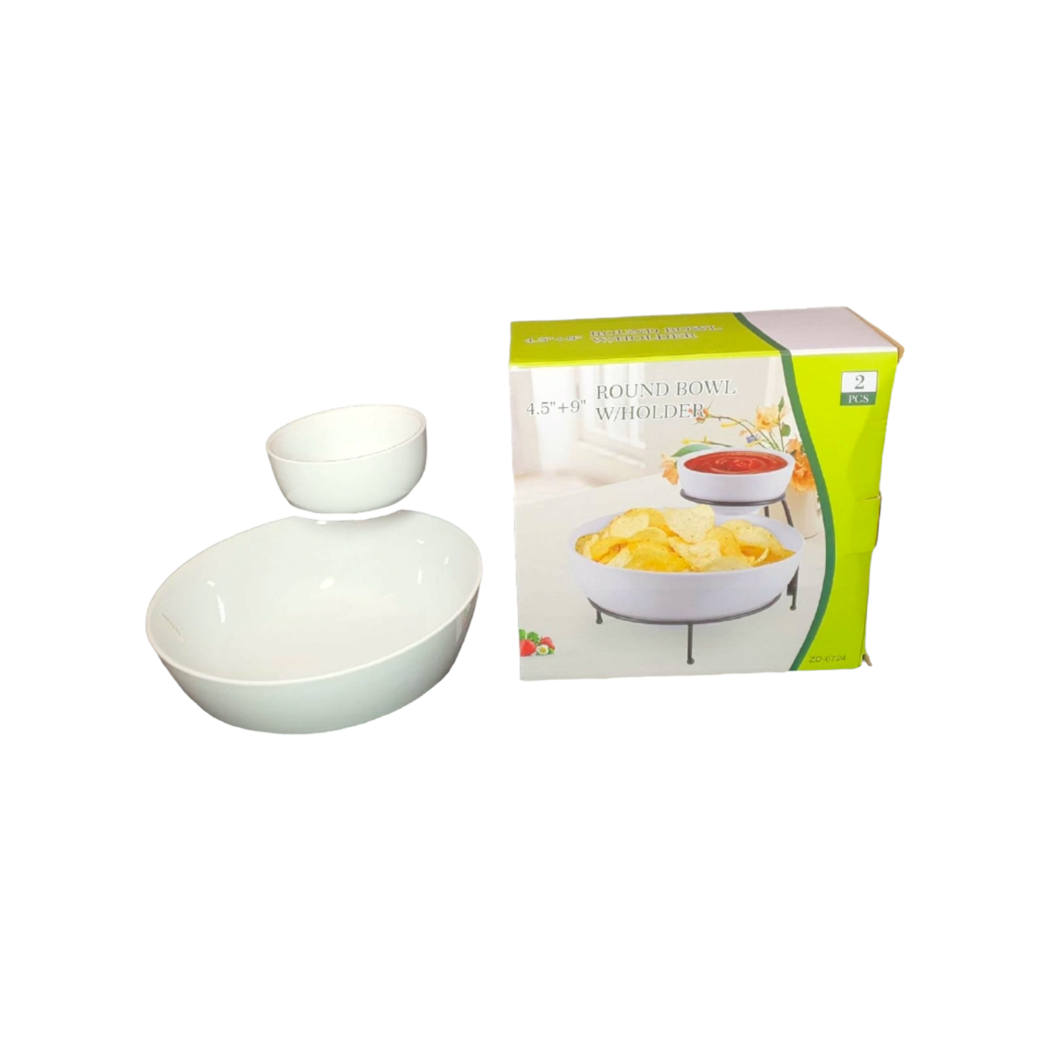 Chip & Dip 2-Tier Ceramic White Round Bowl  with holder 4.5inch & 9Inch