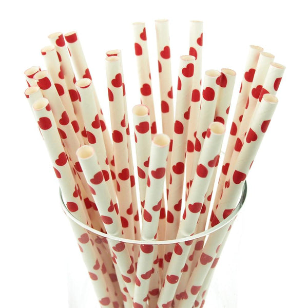 Paper Straws 6mm White with Red Hearts 25pc