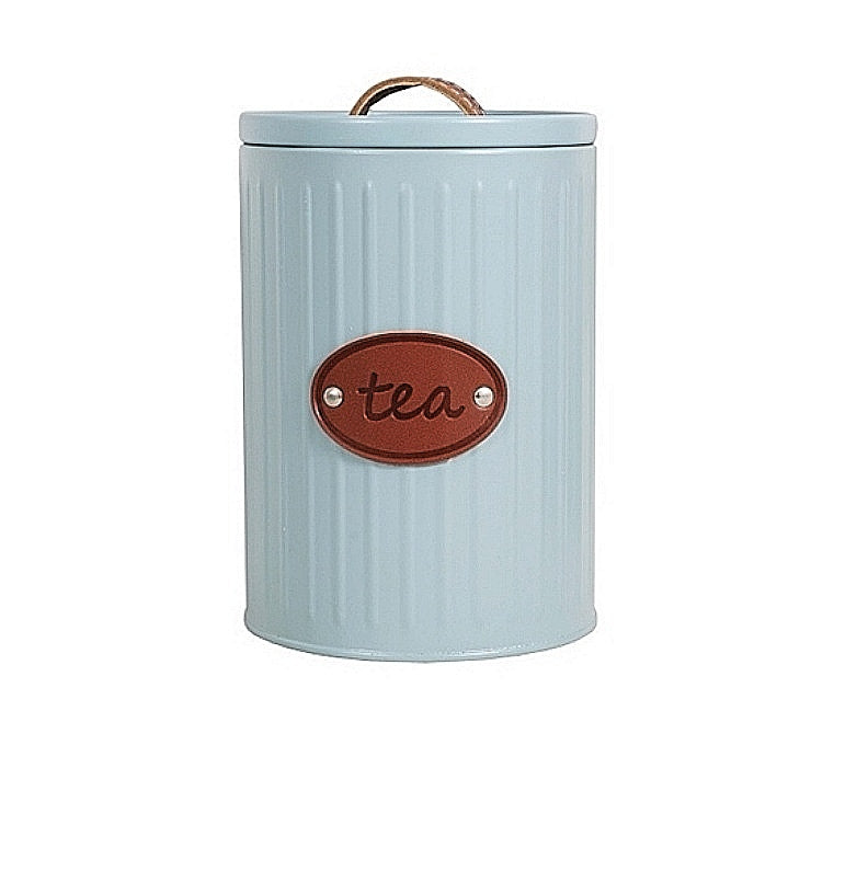 Aqua Canister Tea Tin Blue with Leather Name and Strap 26493